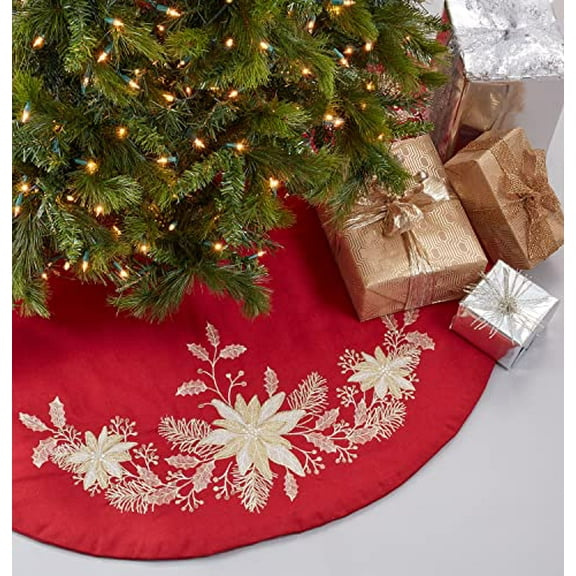 Fennco Styles Gold Embroidered Holly Christmas Tree Skirt 54 Inch Round - Red Festive Tree Skirt for Home, Holiday Decoration and Special Occasion
