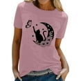 thumbnail image 1 of Tiweut Blouses pour Femmes Printemps Été Imprimé Chat Manches Courtes Col Rond Coupe Ample T-Shirts pour Femme Rose, 1 of 5