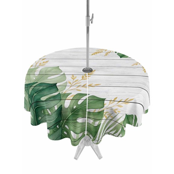 Outdoor Tablecloth with Umbrella Hole for Patio/Picnic/Party/Camping, Green Botanical Waterproof Table Cloth Round Cover Washable, Summer Monstera Leaf Tropical Foliage Vintage (Dia 60")