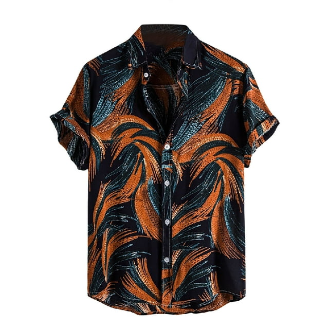 Leutsin Men Short-Sleeved Printed Color Buttons Cardigan Casual Shirt Tops