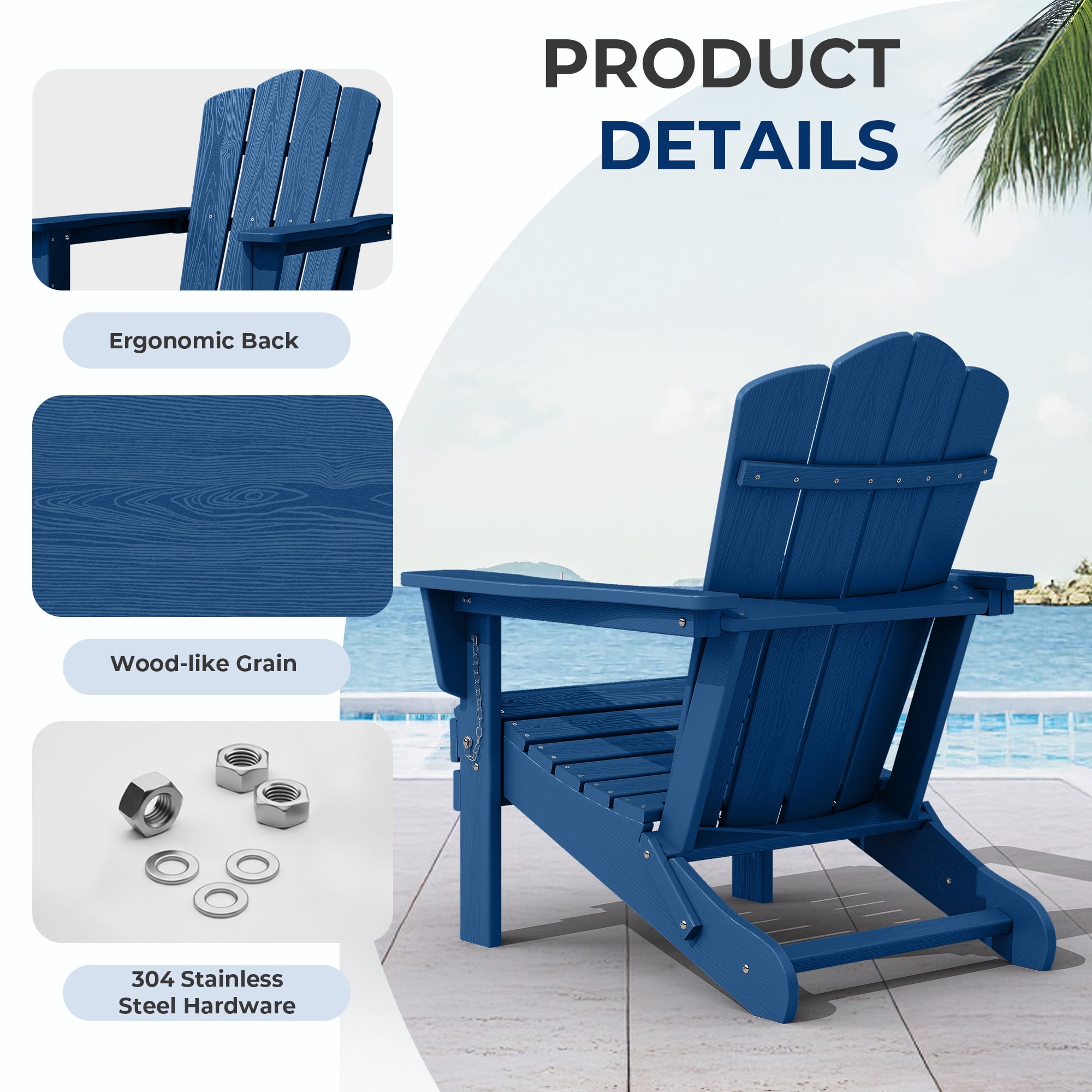 FUNDAZE HDPE Adirondack Chair, Foldable Weather-resistant Outdoor Chair for Patio, Poolside, Garden, Yard, Navy Blue