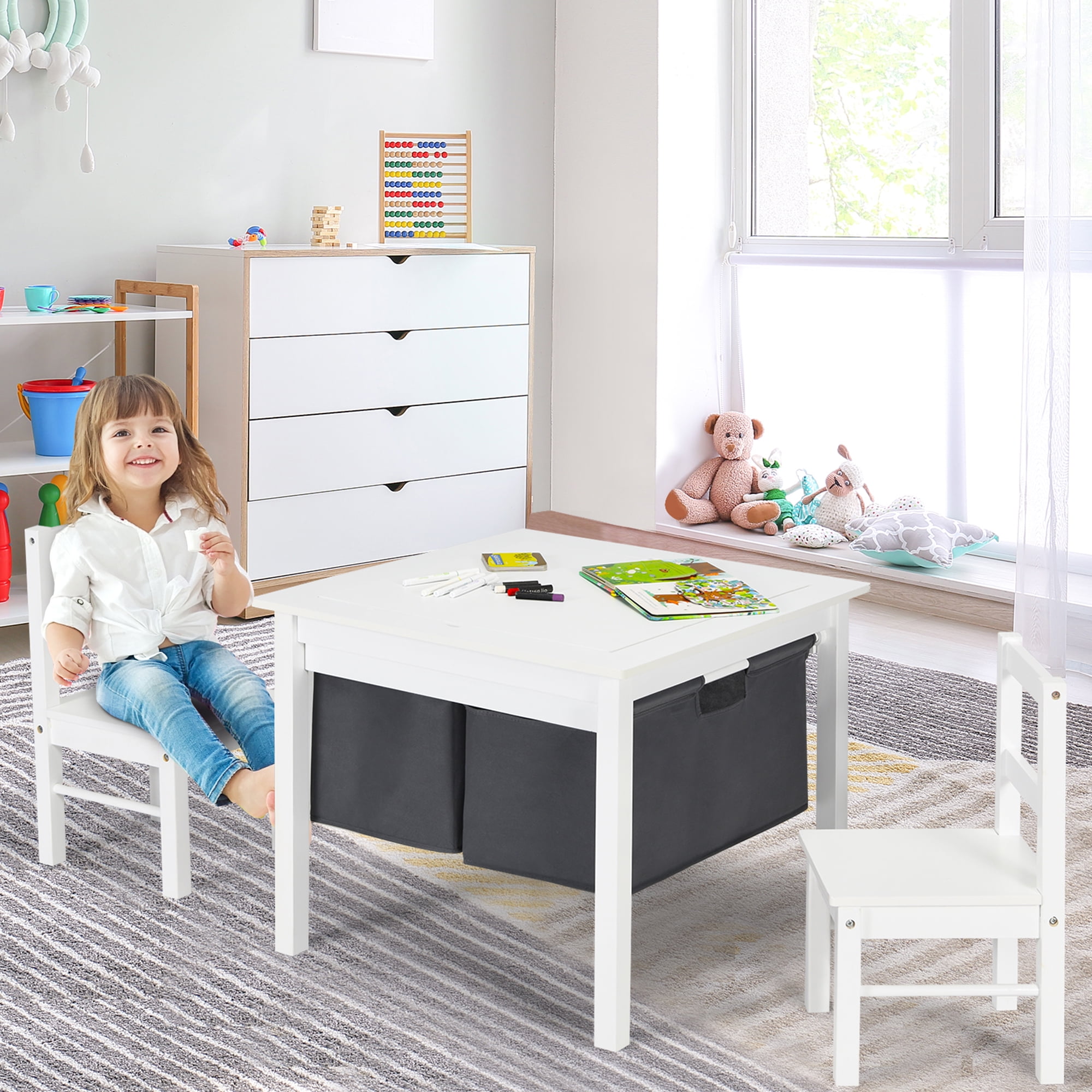 Gymax 2-in-1 Kids Activity Table & 2 Chairs Set w/Storage Building Block Table White