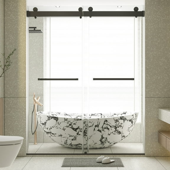 Roninkier 76" Frameless Double Sliding Soft-Close Shower Door ,3/8 in Thick SGCC Tempered Glass Door, Black
