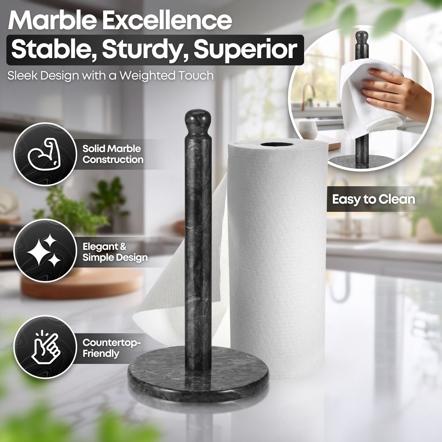 Marble Paper Towel Holder 12 inch (Black Marble) Kitchen Paper Towels Roll Dispenser Stand Rack with Marble Pole and Weight Base for Countertop Tables Home Dining Bathroom Storage