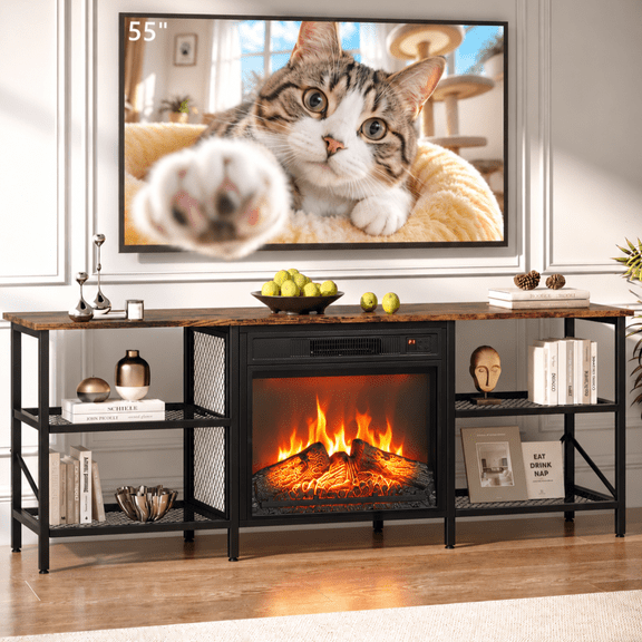 Ktaxon Modern Fireplace TV Stand, 58" Entertainment with 18in Electric Fireplace Heater, 4 Mesh Shelves, Large Storage for Living Room, Home, Apartment, Rustic Brown