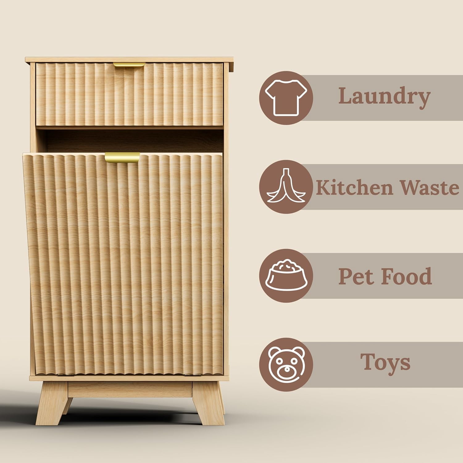 FANRAL Single Tilt Out Laundry Hamper Cabinet,10 Gallon Wooden Hidden Storage Cabinet,Fluted Trash Can for Bathroom Kitchen Living Room,Natural Oak Laundry Basket Cabinet