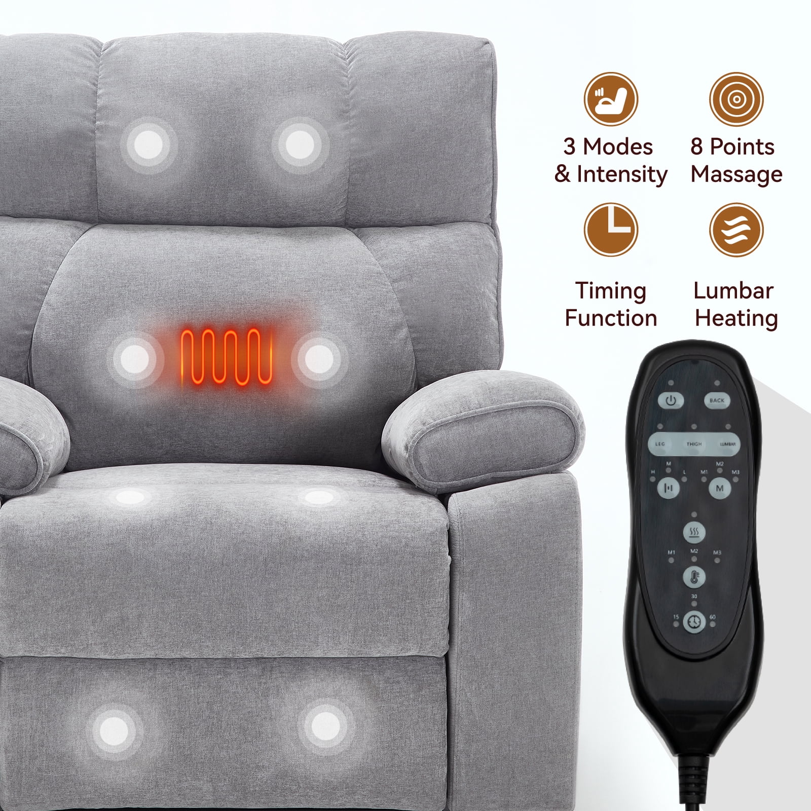 Alvantor Large Power Lift Recliner Chair for Elderly Dual Motor Chenille Electric Recliners Chair with Massage and Heat for Living Room Gray