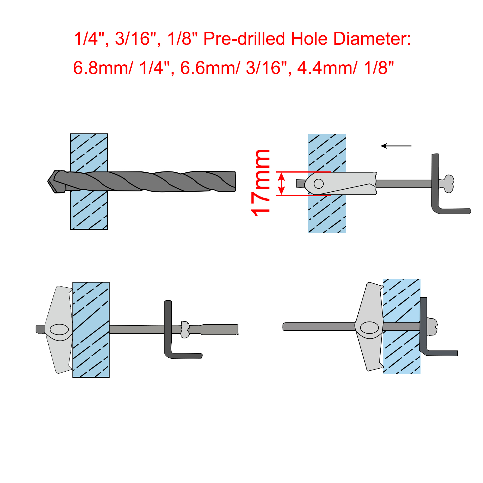 Uxcell 44Pack Spring Toggle Bolt Anchors, 1/8" 3/16" 1/4" 3 Sizes Butterfly Anchors Hollow Wall Round Head Toggle Bolt