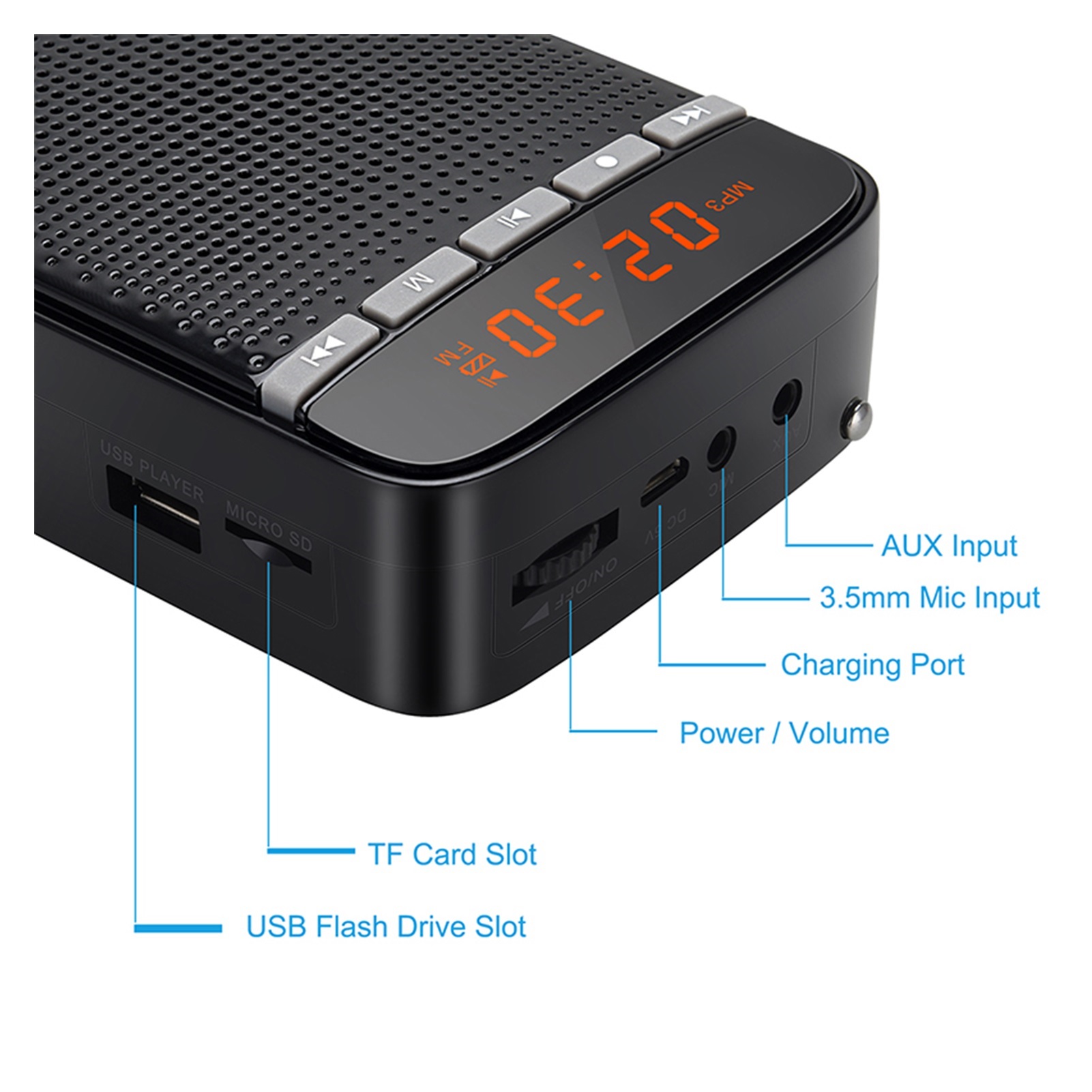 Personal Portable Voice Amplifier for Teacher Megaphone AUX Audio Sound Speaker Recording FM Radio with Wired Microphone