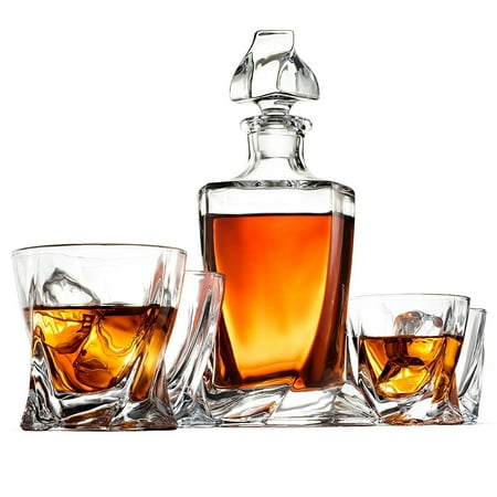 Porto Decanter Set ShopoKus 5-Piece European Style Whiskey Decanter and Glass Set - With Magnetic Gift Box - Quadro Design Liquor Decanter & 4 Whiskey Glasses - Perfect Whiskey Decanter Set for Scotch Alcohol Bourbon ()