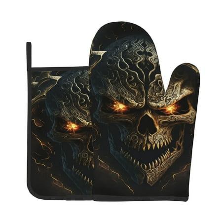 

Gaeub Metal Evil Skull Print Oven Mitts and Pot Holders Sets of 2 Heat Resistant Pad Cooking Gloves for Baking BBQ Home Decor
