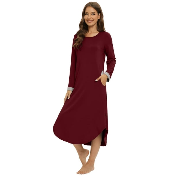 Women's Long Nightgowns with Pockets Long Sleeve Crewneck Nightshirt ...