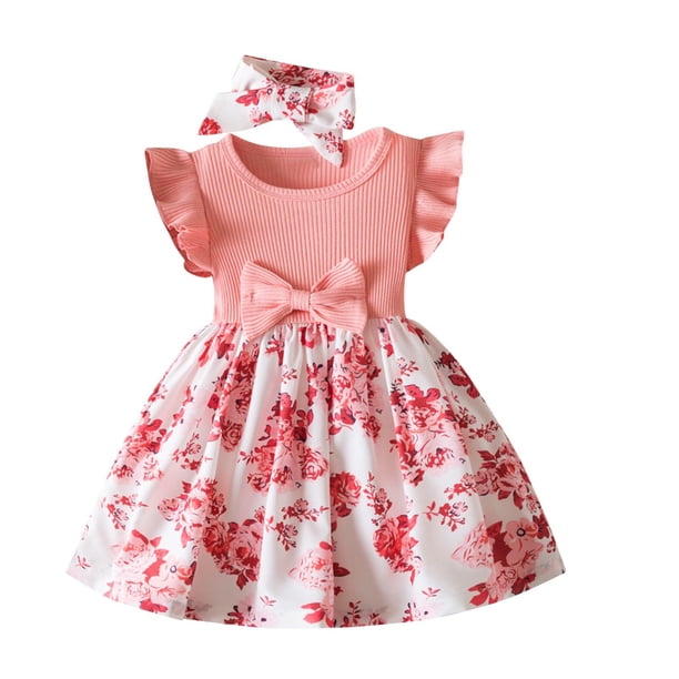 Odeerbi Niñas Rib Knit Floral Vestidos Verano Ruffle Manga Lazo Princesa Vestido Sin Mangas Cuello Redondo Vestido Con Diadema