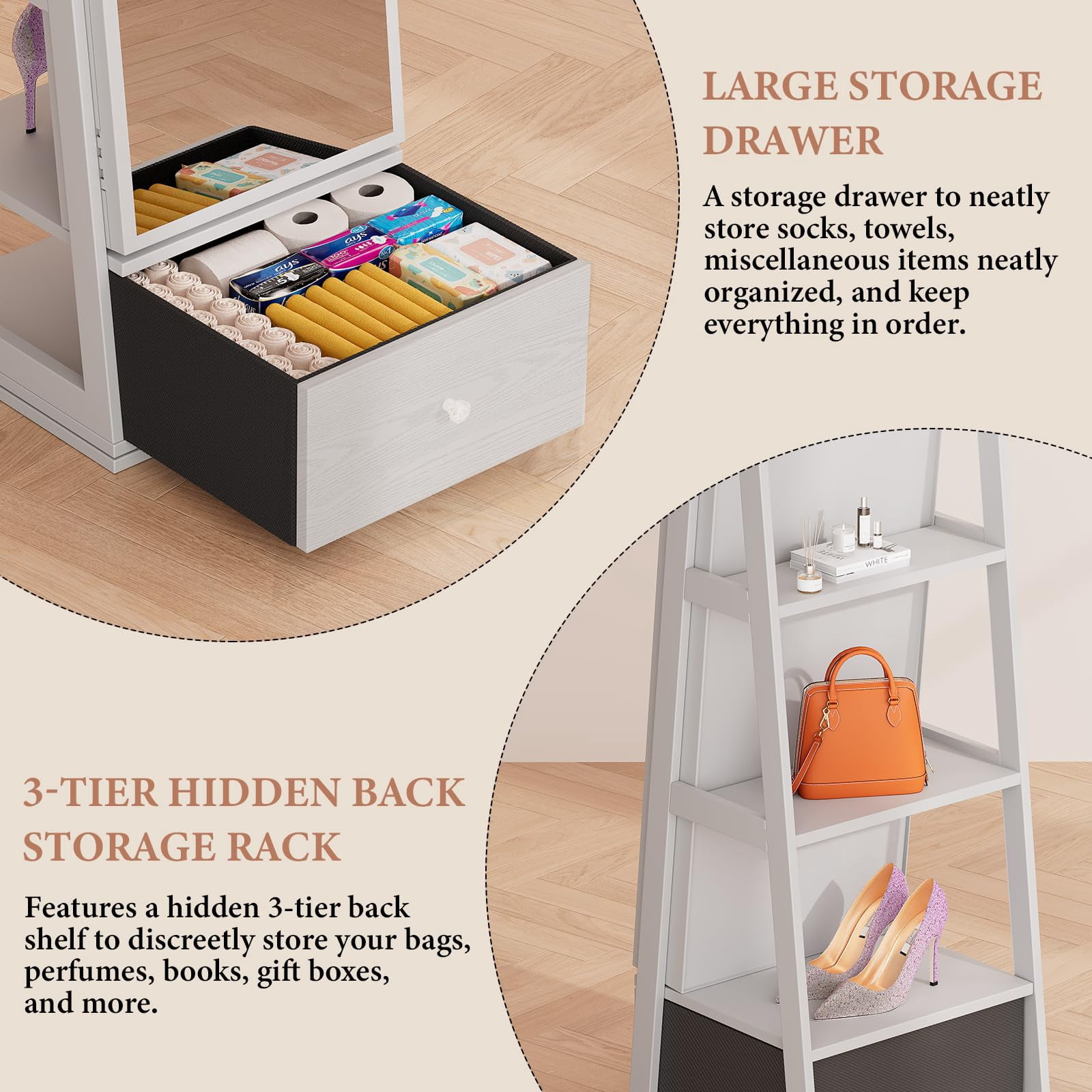 5 in 1 Standing Jewelry Armoire with LED Lights, 360° Swivel Jewelry Cabinet Organizer with Drawer & Full Length Mirror, White