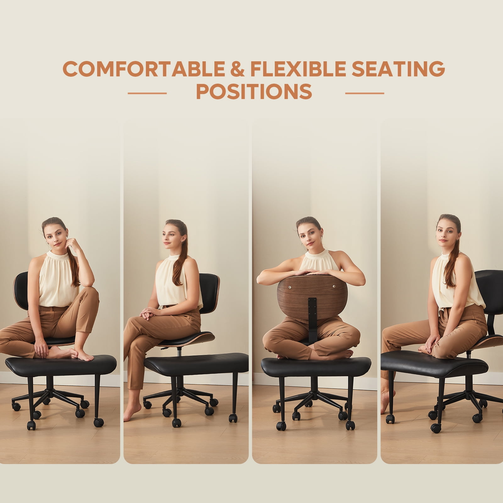 Bestier Ergonomic Cross Legged Office Chair, Wide Seat Armless Criss Cross Desk Chair, 360 Swivel Adjustable Height Computer Chair , Black PU leather Chair for Home Office, Meditation & ADHD