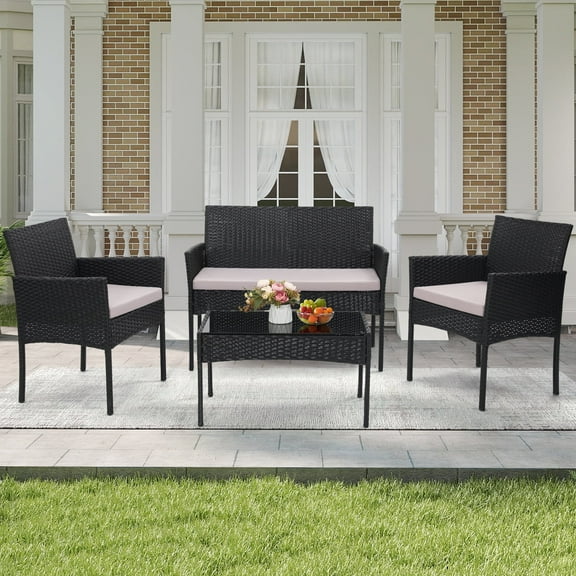TUAREX 4 Pieces Patio Rattan Furniture Set, All-Weather Wicker Chairs, Cushioned Sofa and Glass Table, Outdoor Conversation Set for Garden, Poolside, Balcony, Porch, Black Rattan Light Gray Cushion