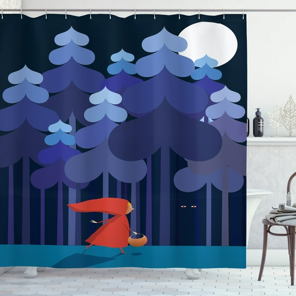 Fairy Tale Shower Curtain, Cartoon Girl in a Cape Strolling in the Forest with Pair of Eyes Watching Her, Fabric Bathroom Set with Hooks, 69W X 70L Inches, Multicolor, by Ambesonne