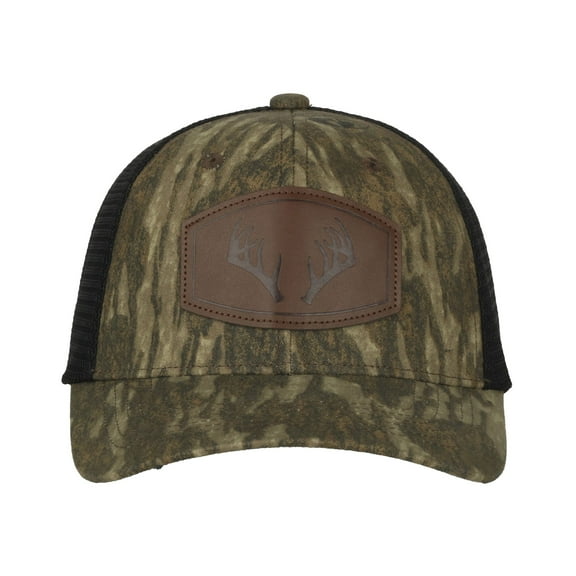 Mossy Oak® New Bottomland® Camo Trucker Hat with Deer Antler Leather Patch, Hunting Cap for Men, One Size, Camo/Black