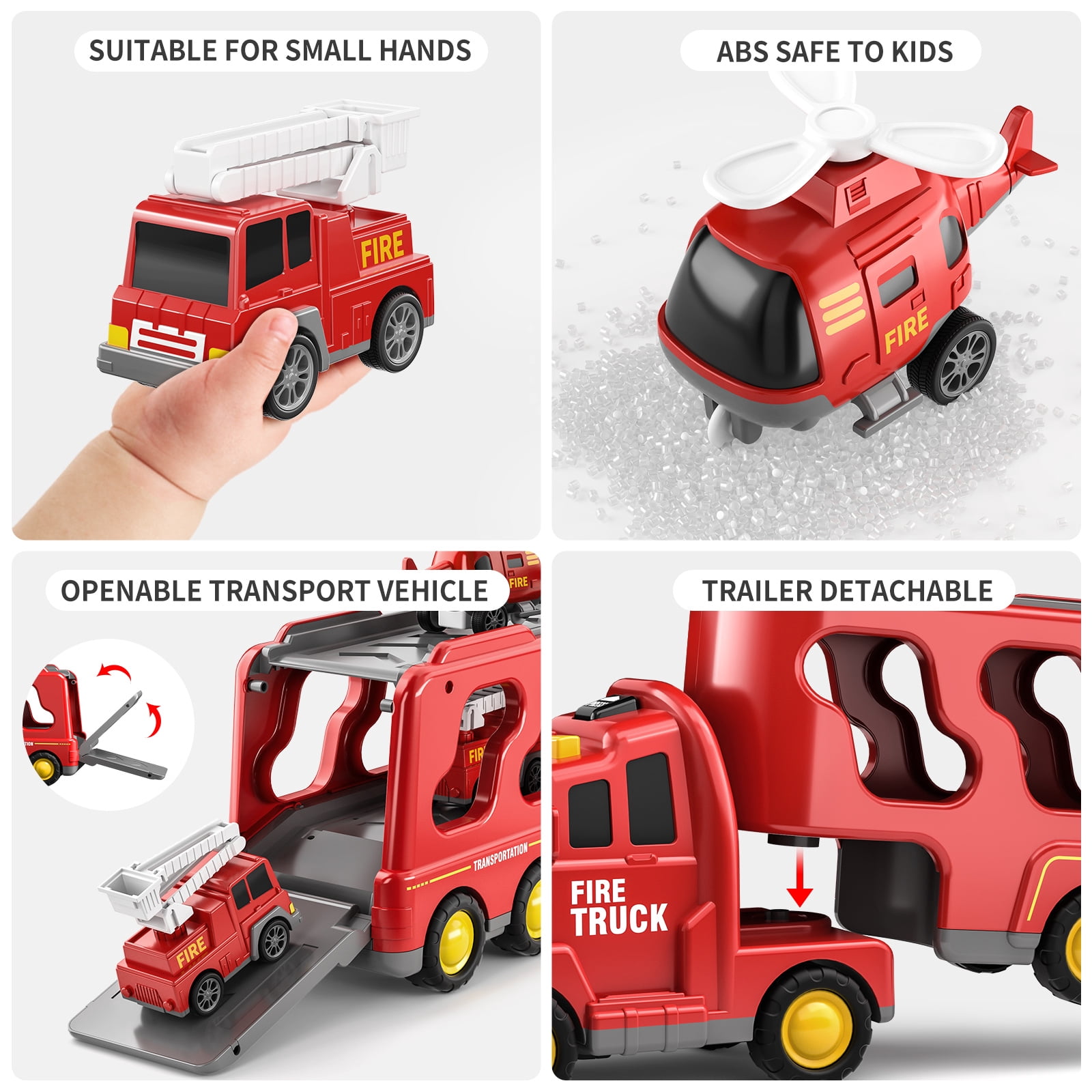 Lucky Doug Fire Truck Car Set for Toddlers Ages 1-3-5, 5 in 1 Carrier Truck Toys with Light & Sound, Toddlers Boys Toys Ages 2 3-5 as Birthday Gift