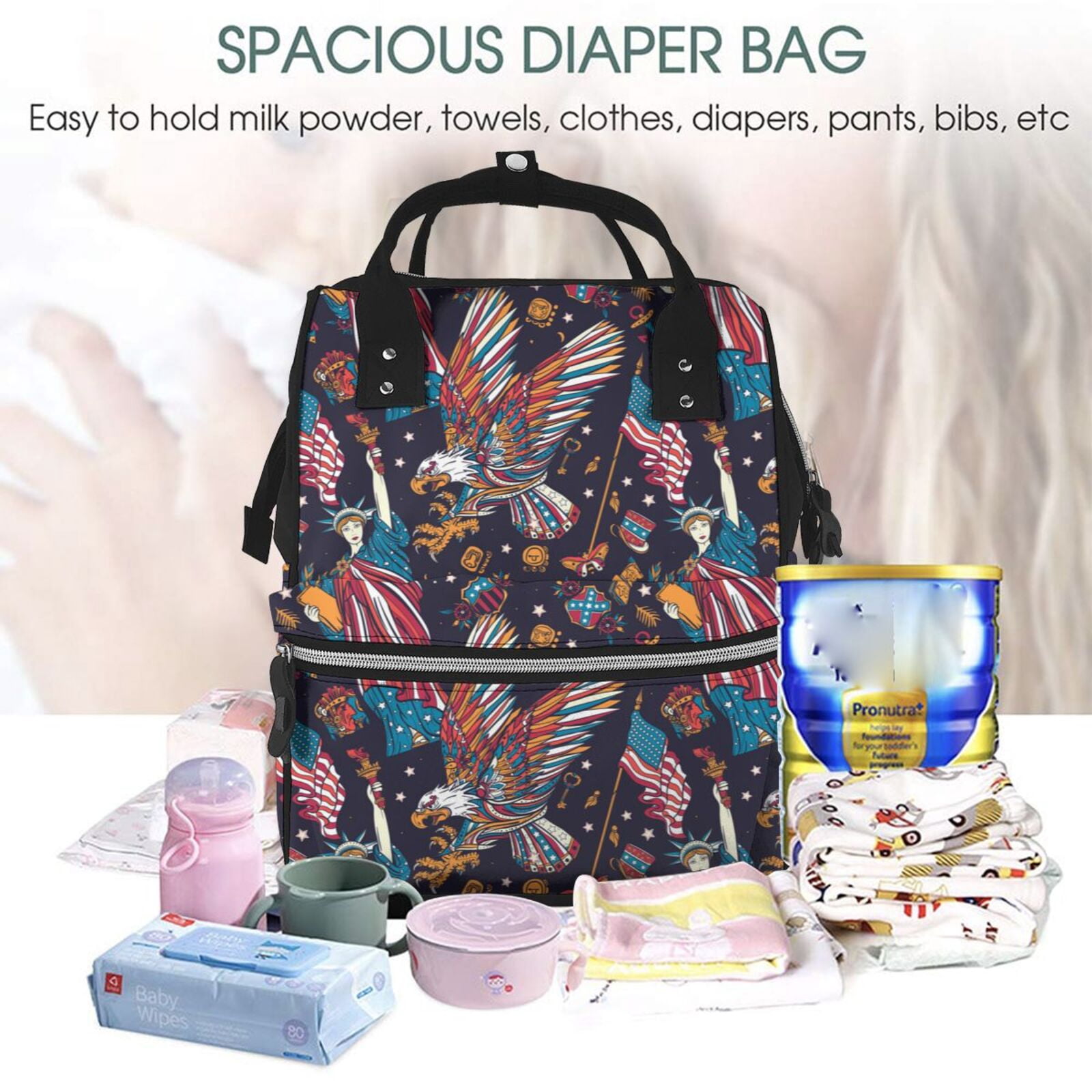 Fuzoiu United States Of America Print Diaper Bag Backpack,Baby Essentials Travel Tote,Multi function Waterproof Diaper Bag, Travel Essentials Baby Bag - Unisex