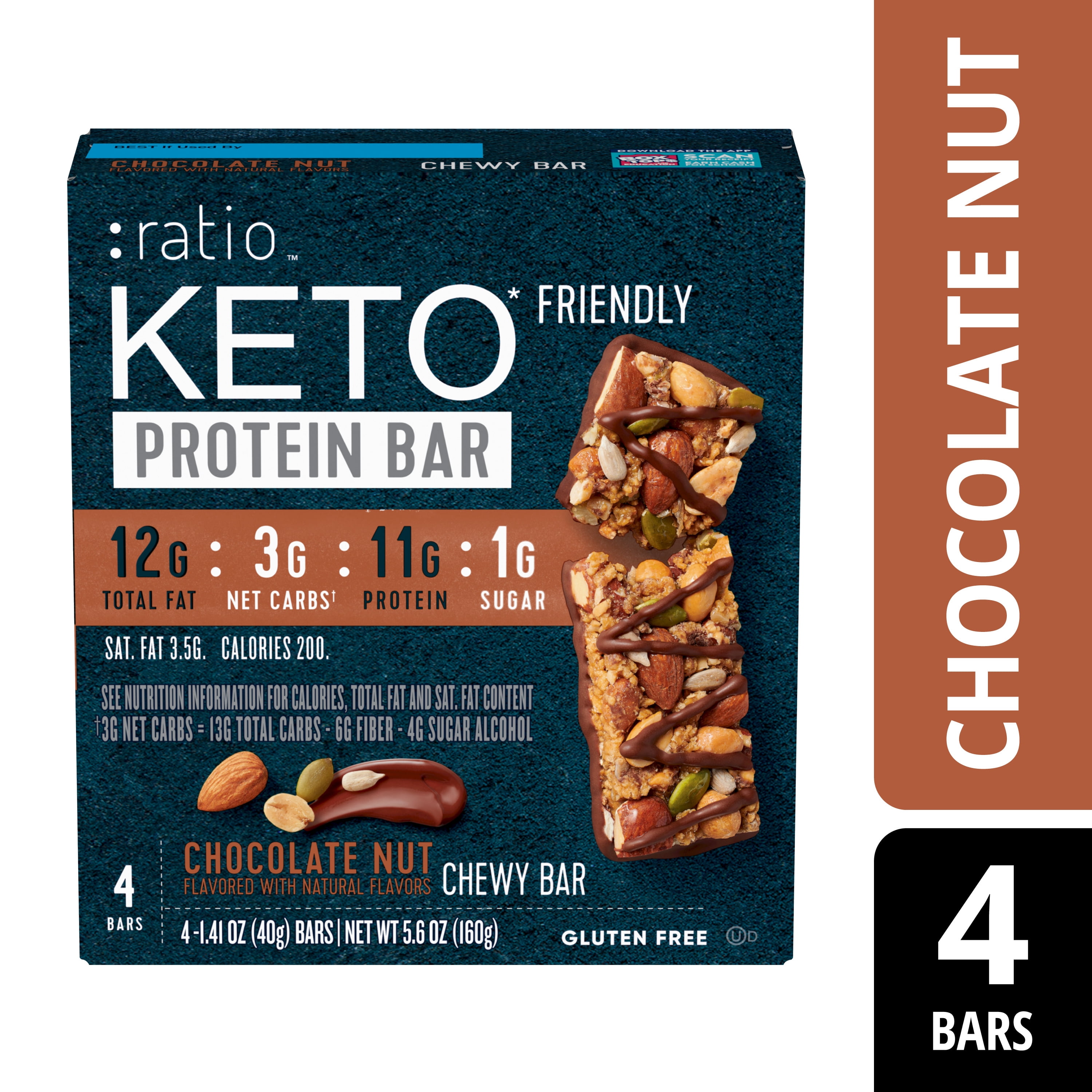 Ratio Chewy Protein Bar, Chocolate Nut, 11g Protein, Keto Friendly, 5.6 OZ (4 Bars)