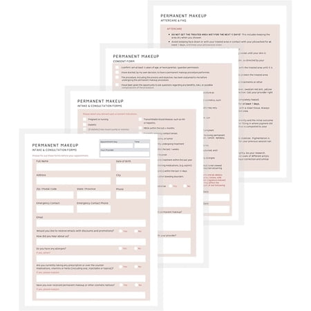 Permanent Makeup Intake Forms Consent, Intake, Aftercare Packet for Clients to Sign 75pk 25 of Each Consultation for PMU, Microblading, Lip Blushing, Ombre Powder brow Eyeliner Instructions Cards
