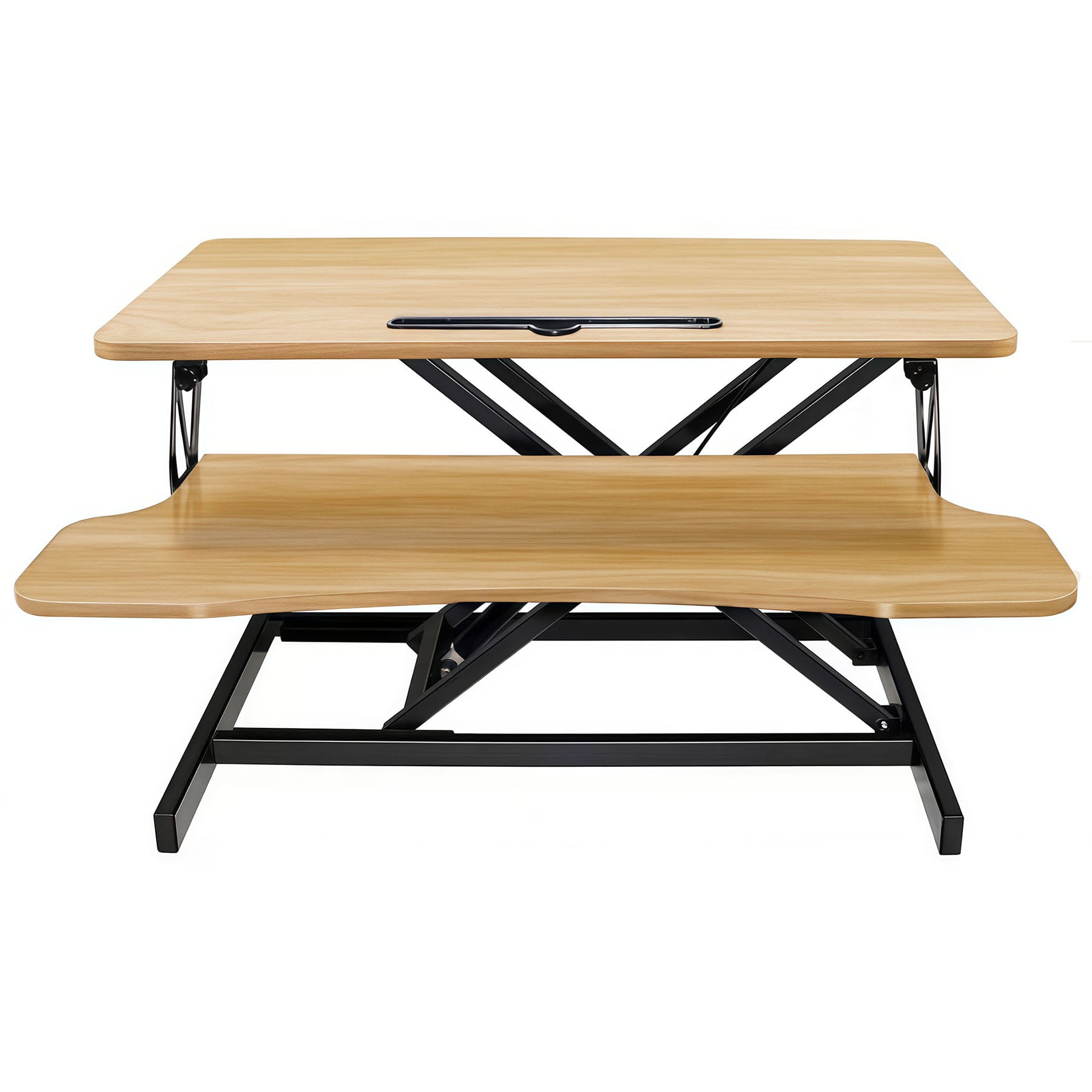S-HOME Walnut Color Height Adjustable Desk Converter, 32 Inch Sit to Stand Riser for Dual Monitors and Laptop Use，Black,Natural