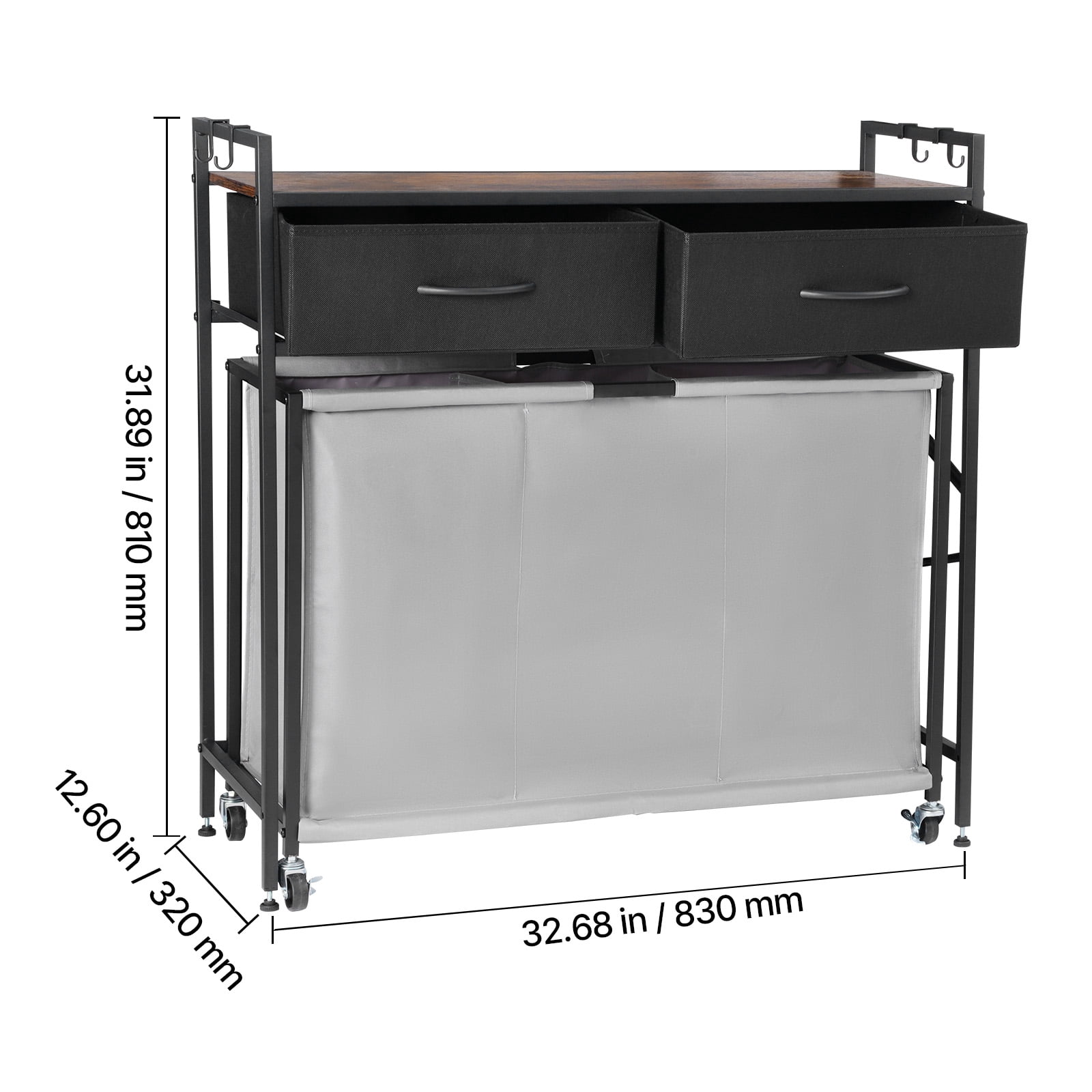 VEVOR 3 Section Laundry Sorter, Rolling Laundry Hamper with 2 Drawers, Hooks & Wheels, Rolling Basket Organizer Storage with Pull-Out Rolling Bags and Wooden Tabletop for Dirty Clothes, Bathroom