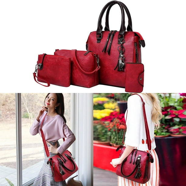 Bolso BLESIY de Cuero PU para Mujer con Monedero y Tarjetero Rojo 4 Piezas