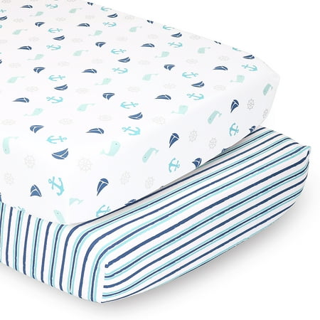 UPC: 0841297159039 | The Peanutshell Fitted Crib Sheets for Boys or Girls 2 Pack Set Nautical Blue and Green Stripe