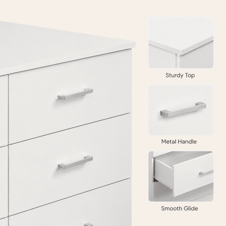 Lacoo 6 Drawer Dresser for Bedroom & Living Room, 47'' Double Dresser with Metal Handle, White
