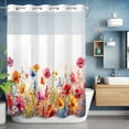 thumbnail image 6 of No Hook Shower Curtain with Snap in Liner, Watercolor Country Flowers Waterproof Bath Curtain Double Layers with See Through Top Window, Red Yellow Blue Floral Art Hotel Shower Curtains 48x72in, 6 of 9