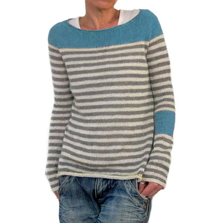 Women's Plus Size Stripe Long Sleeve Casual Warm Holiday Pullover Tops Sweaters
