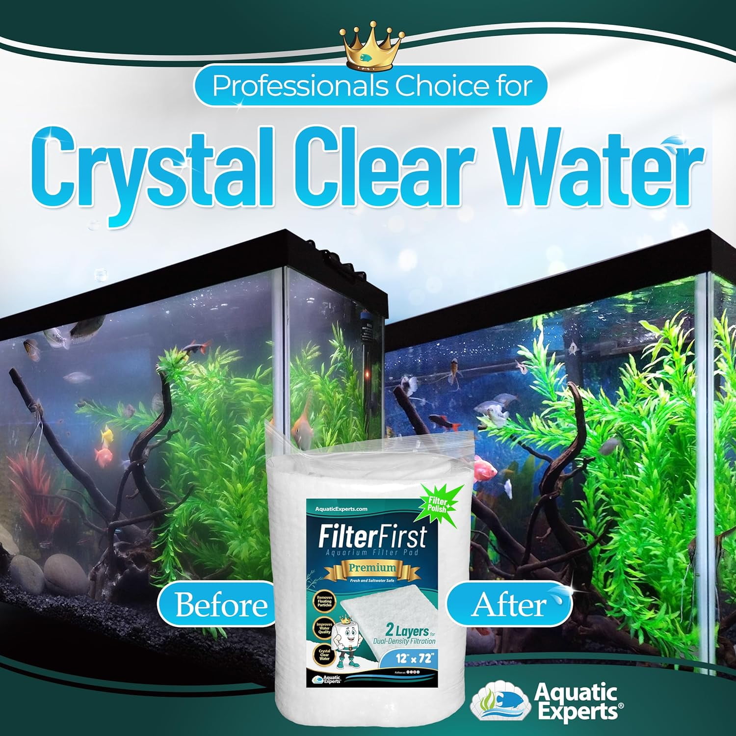 FilterFirst Aquarium Filter Pad Media Roll Crystal Clear Water, 12'' by  72'' by 1/2'' Thick