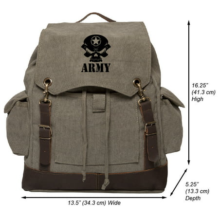 US Army Skull Vintage Canvas Rucksack Backpack with Leather (Best Size Backpack For Backpacking Europe)