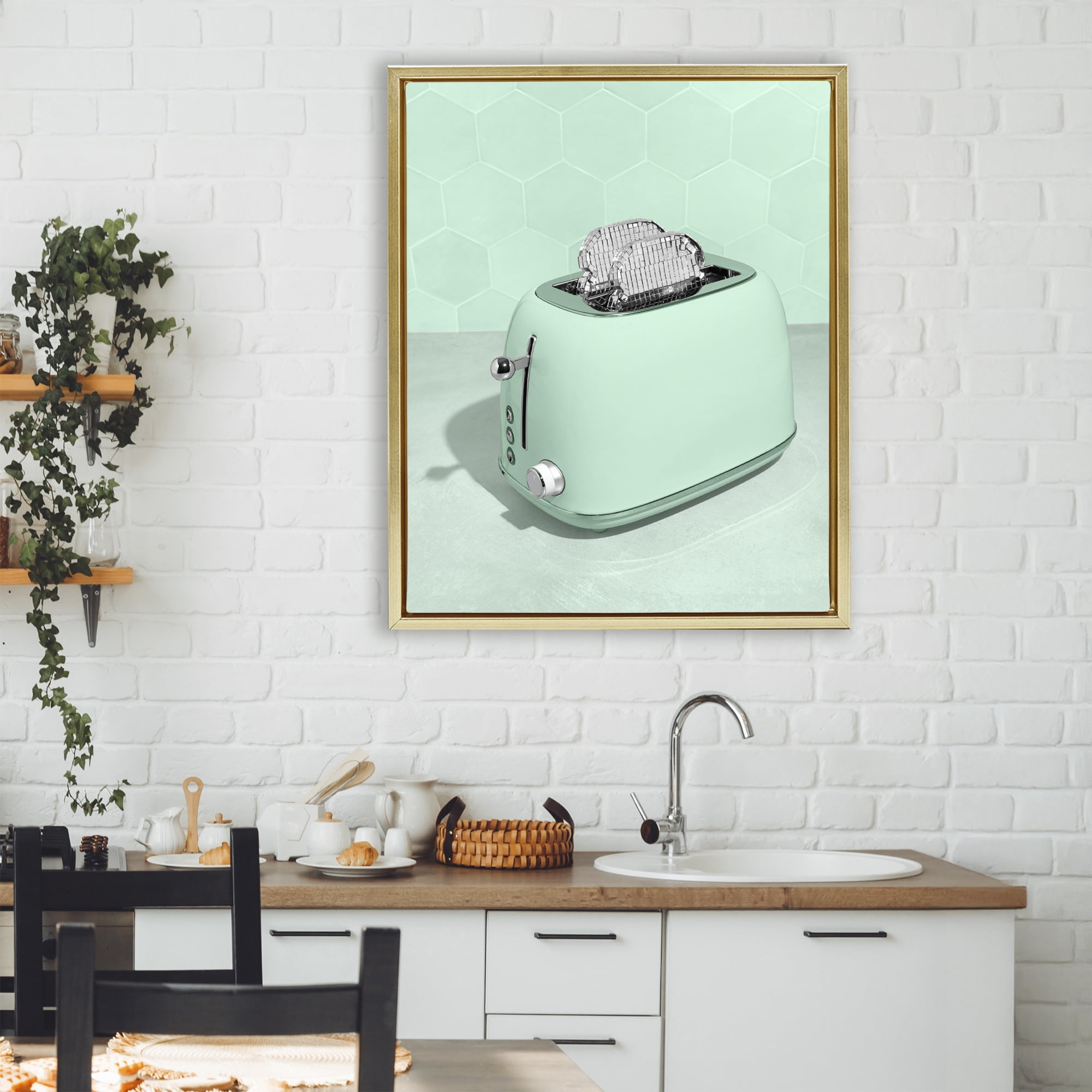Stupell Industries Disco Toaster Over Green Gold Framed Floater Canvas Wall Art, design by LISH Creative