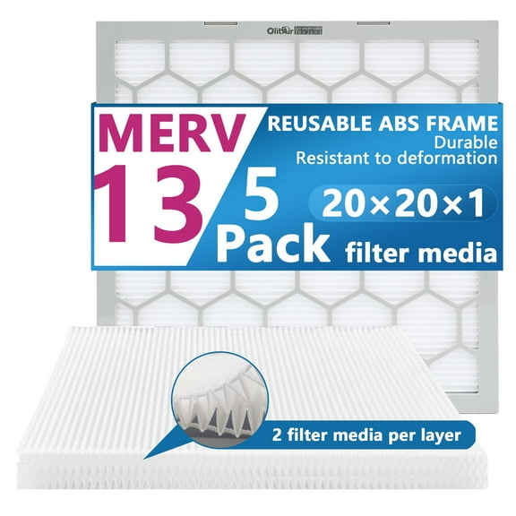 Air Filter - Furnace/HVAC, 20x20x1, MERV 13 - 5-Pack, Reusable ABS Frame - Pleated PET/PP