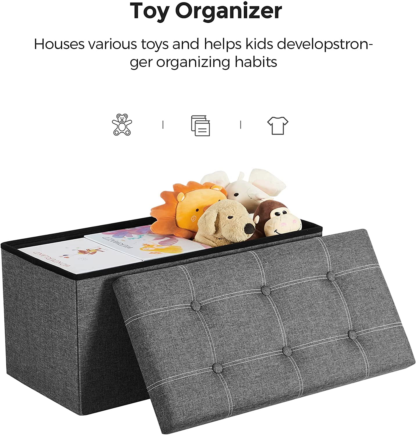 SONGMICS 30" Ottoman Footstool Storage Ottoman Bench Holds 660 lb Folding Ottoman with Storage for Living Room Dark Gray