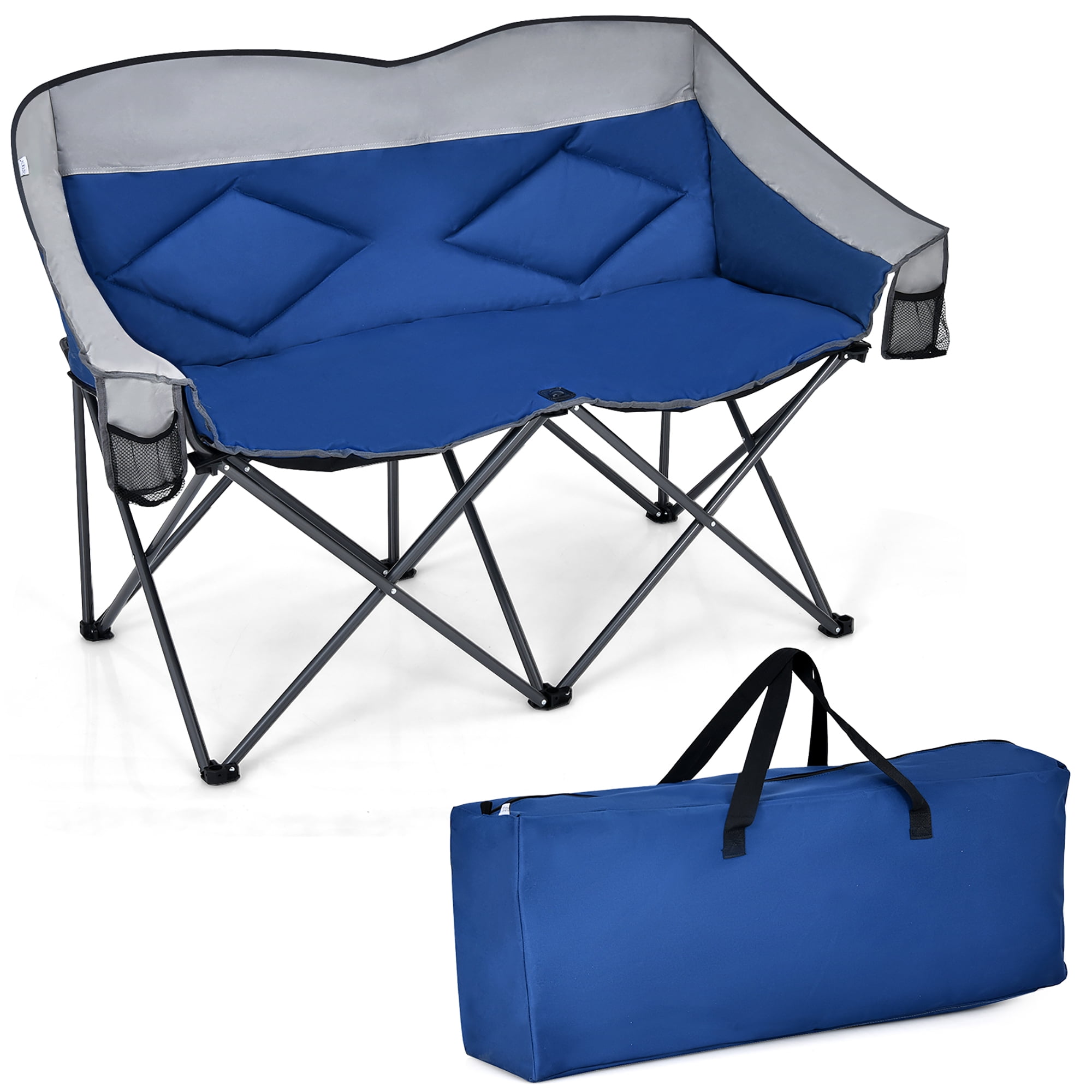 Costway Folding Camping Chair Loveseat Double Seat W Bags And Padded Backrest Blue