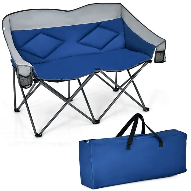 Costway Silla Doble de Camping para Exteriores, Sillón de Jardín Plegable con Asiento, Respaldo y Reposabrazos Acolchados, Bolsa de Transporte, 2 Bolsillos de Almacenamiento,Picnic, BBQ