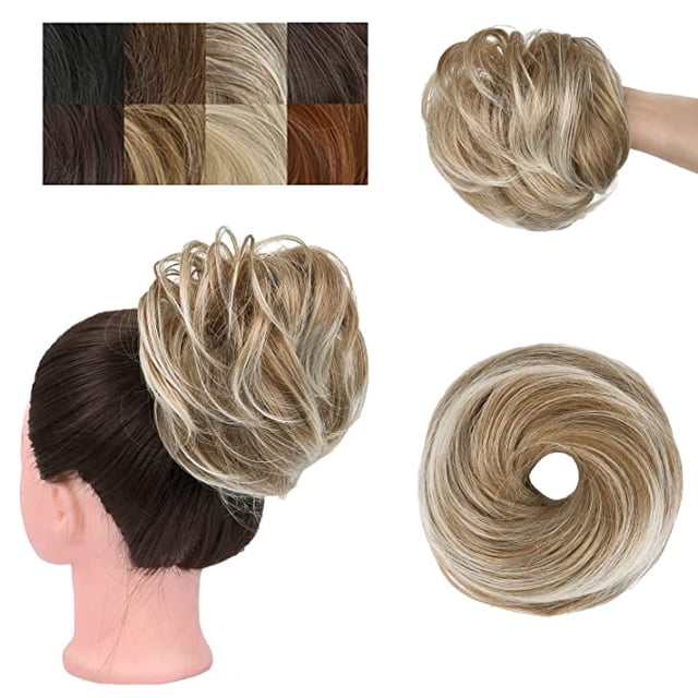 Chignons Postiche Extensions de Cheveux Synthétiques Chouchous Chignon Postiche pour Femmes Filles (Pointe Blond Fraise Blond Délavé -#46, Chignon Droit)