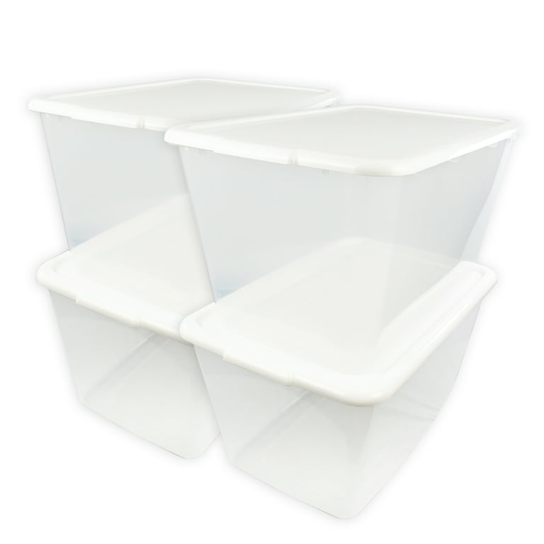 4 Pack Collapsible and Stackable Plastic Storage Bins with Attached Lid