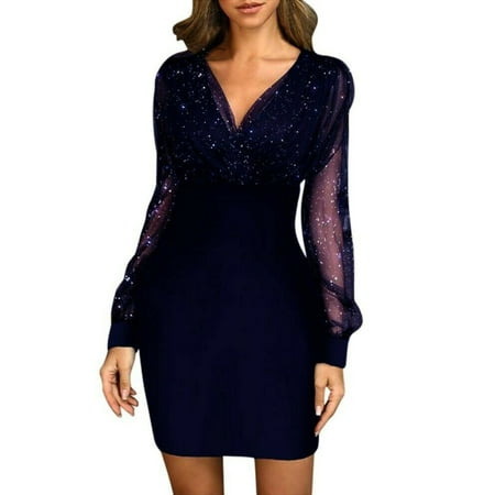 

Women Diamond-Encrusted Mesh Party Long Slim Dress Breathable And Super Soft For Everday Dressing Party Club And Blue L
