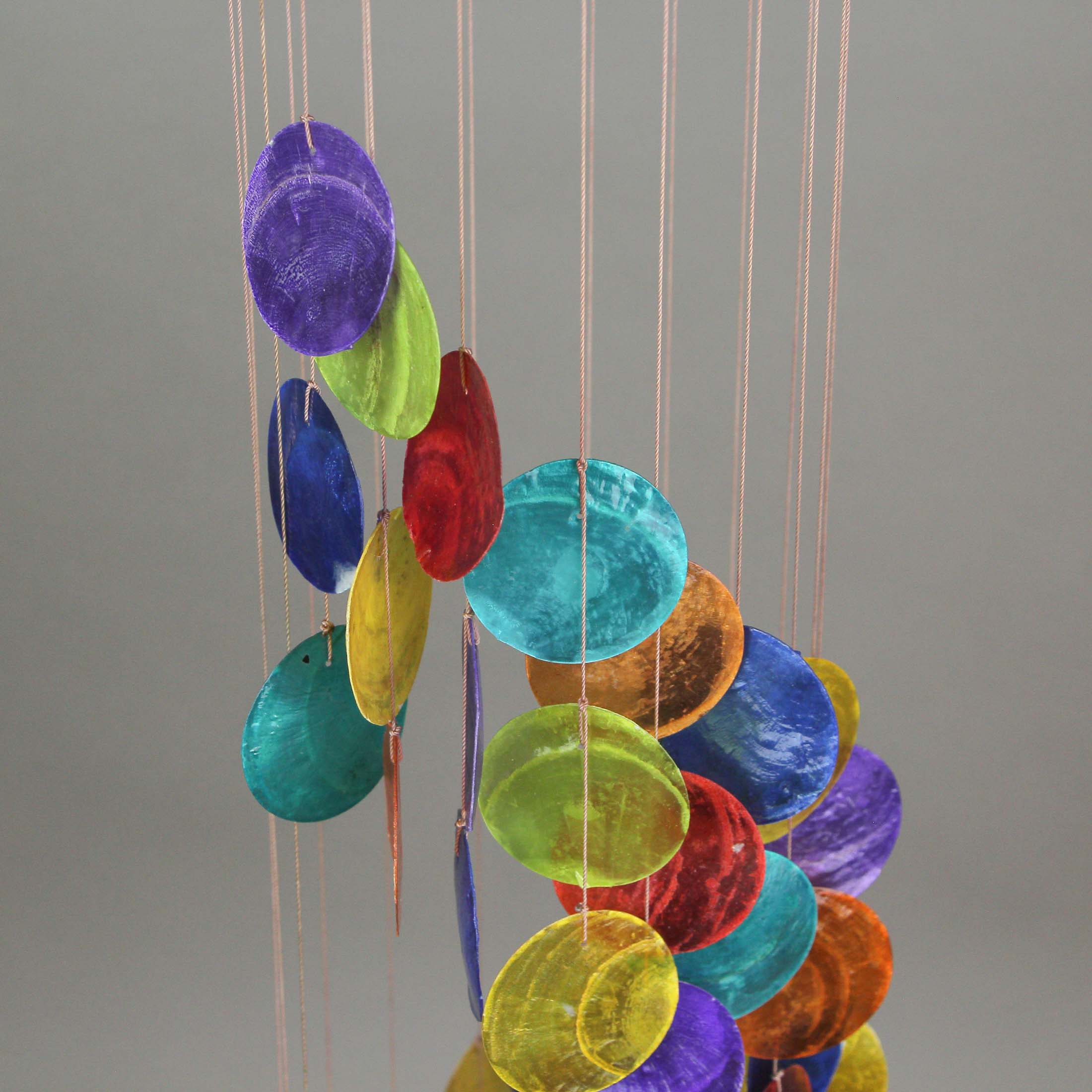J.D. Yeatts Dyed Capiz Shell 26 inch Long Spiral Wind Chime Rainbow Colors