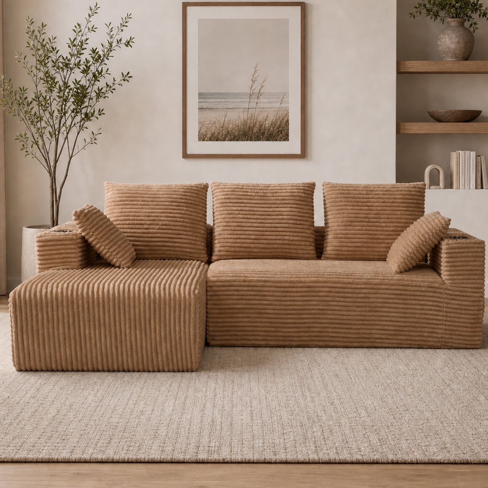 95'' Boneless L Shape Modular Sofa Couch with 4 Pillows and 2 Cup Holders