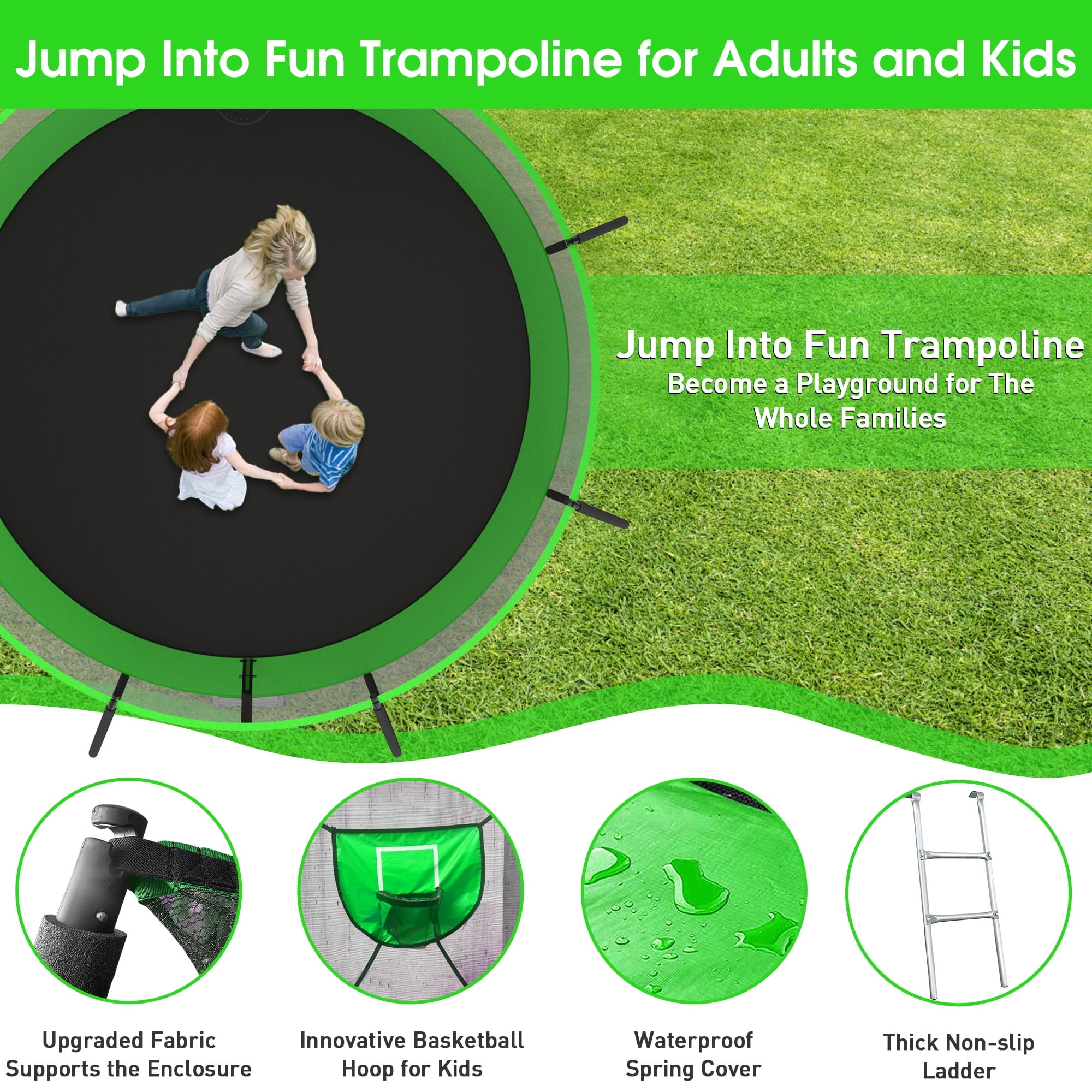Jump Into Fun Trampoline, 12FT 10FT 14FT 16FT 1200LBS Trampoline for Adults and Kids, Trampoline with Enclosure, Basketball Hoop and Basketball, LED Light and More Gifts, Outdoor Pumpkin Trampoline