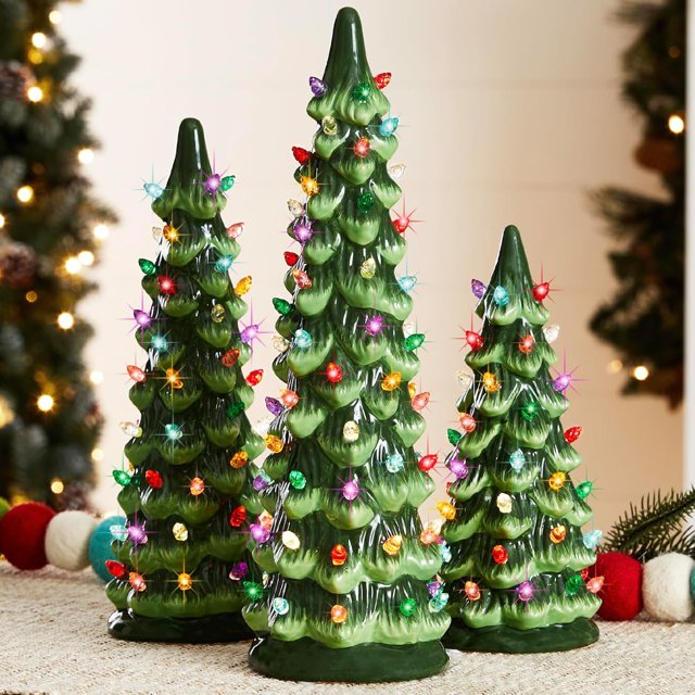 LEEYNEER Set of 3 Pre-Lit Resin-Style Plastic Christmas Trees with LED Lights - Hand-Painted Multicolor Tabletop Holiday Decorations with Glowing Lights Sturdy Base & Dome-Shaped Caps F