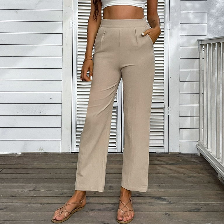 CAICJ98 Pants for Women Women's Casual Wide Leg Paper Bag Pants High  Elastic Waist Belted Trousers with Pockets Khaki,L