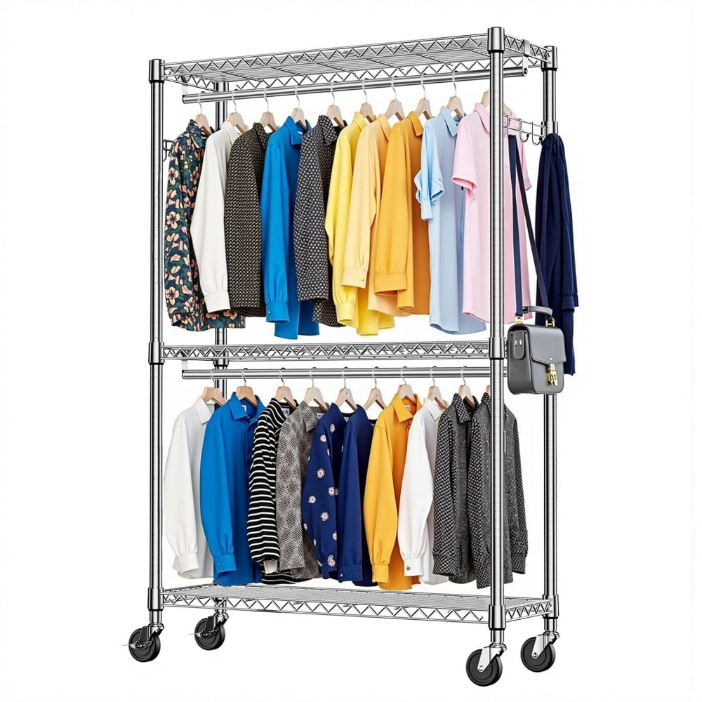 Heavy Duty Rolling Garment Rack, 3-Tier Adjustable Wire Shelving Clothes Rack with 2 Hanging Rods, Side Hooks & Wheels, Chrome
