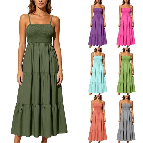 HBBIKVI Smocked Square Neck Midi Dress for Women Summer Sleeveless A-Line Dress with Elastic Bodice and Flowy Tiered Skirt for Relaxed Vacation Style